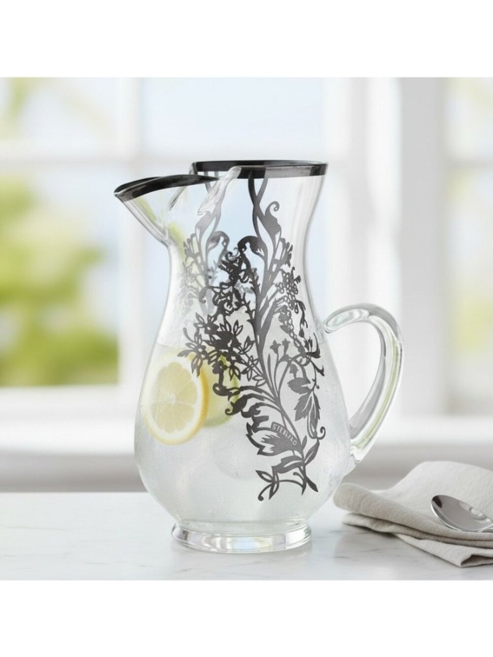 Vtg Sterling Silver Overlay Glass Pitcher With Handle Large 10" Marked Sterling